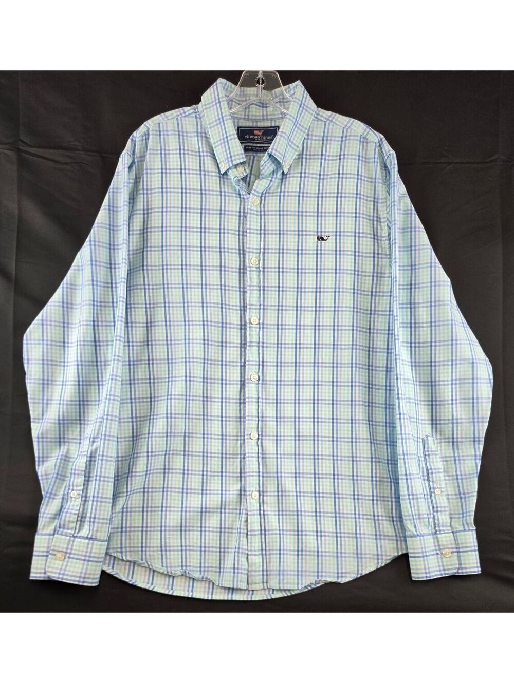 Vineyard Vines Slim Fit Whale Shirt, Large, Blue and Green Plaid, 100% Cotton